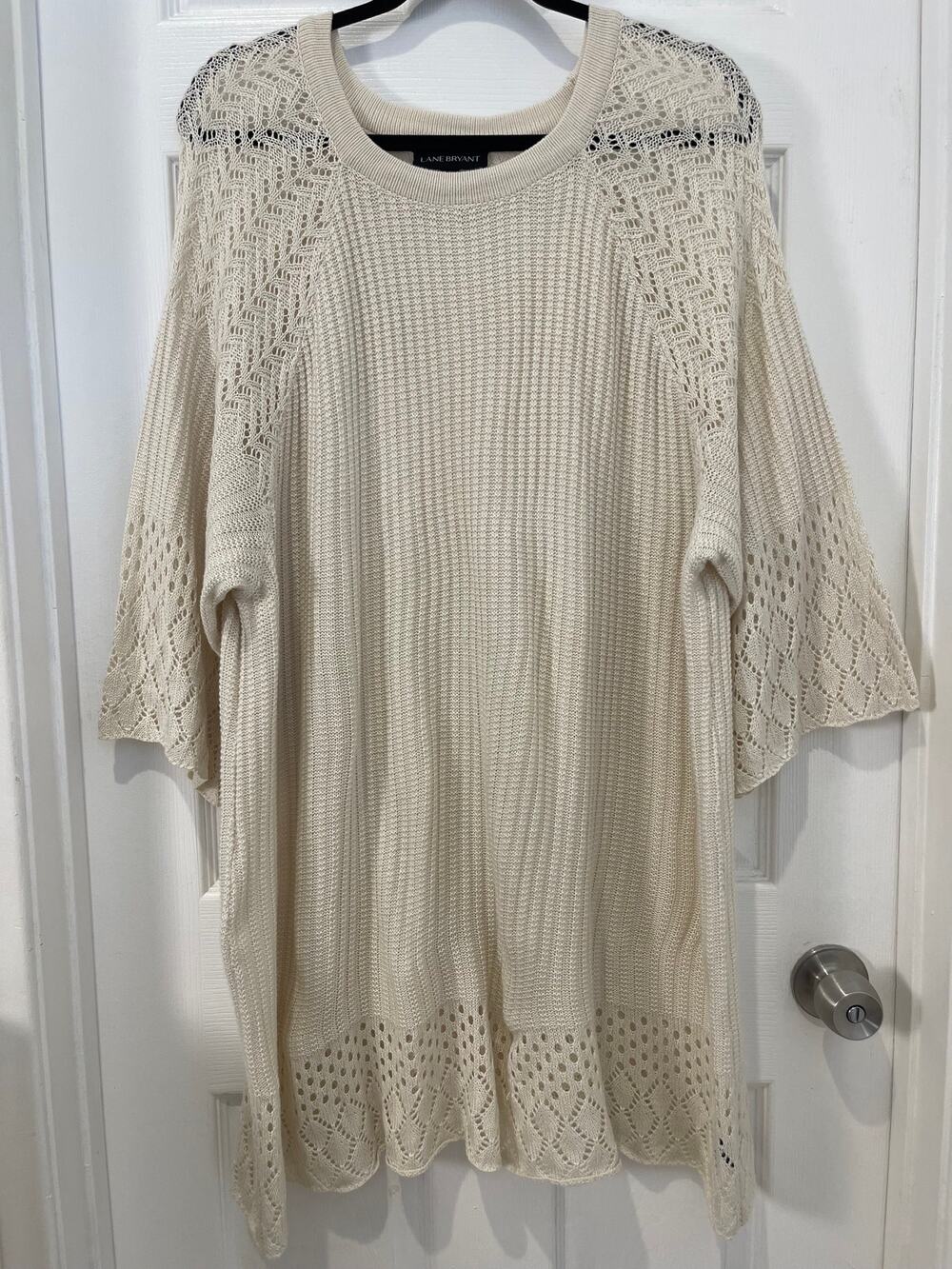 Lane Bryant Ivory Pointelle CrochetKnit Sleeve Tunic Sweater Top Plus Size 26/28